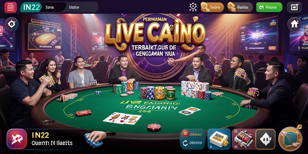 Screenshot gameplay IN22 menunjukkan dealer yang ramah dan suasana permainan yang mendebarkan.
