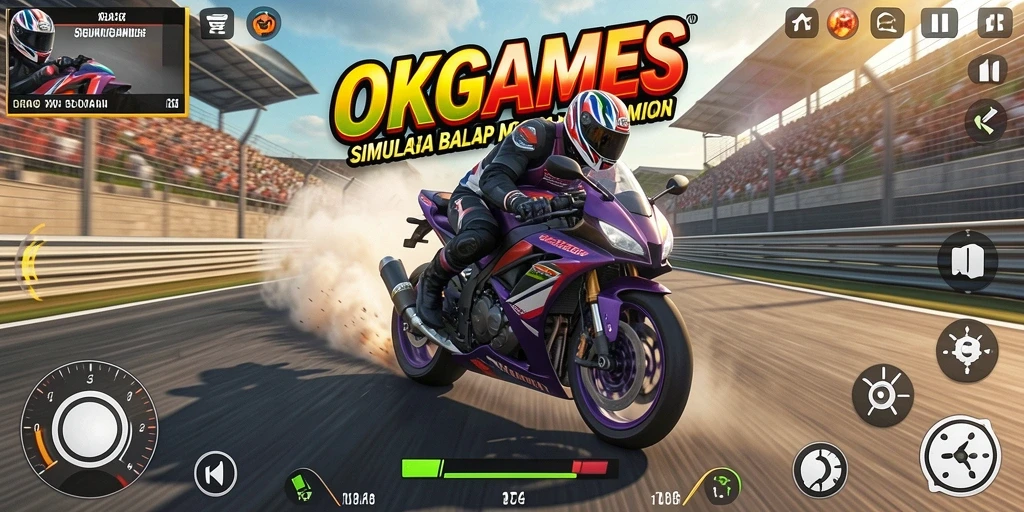 Tampilan gameplay balapan motor yang menegangkan di OKGAMES.