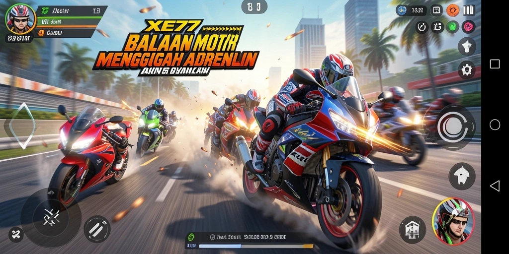 Screenshot utama XE77 menampilkan aksi balapan motor yang cepat dan mendebarkan.